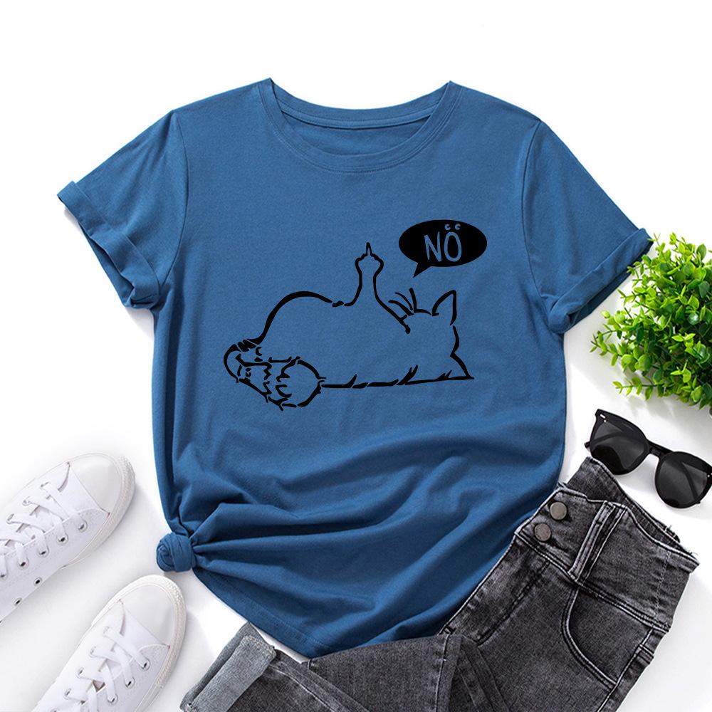Cat No Cartoon Pattern Cotton T-Shirt Short Sleeve Round Neck Women 2d Print Tops