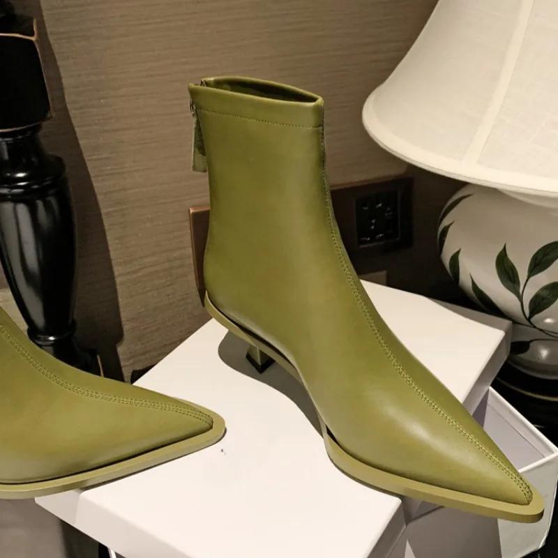 Модные новые остроносые ботильоны на тонком каблуке 5,5 см из коровьей кожи с молнией сзади, европейско-американские, стройнящие, для дам с характером, размеры 34-43