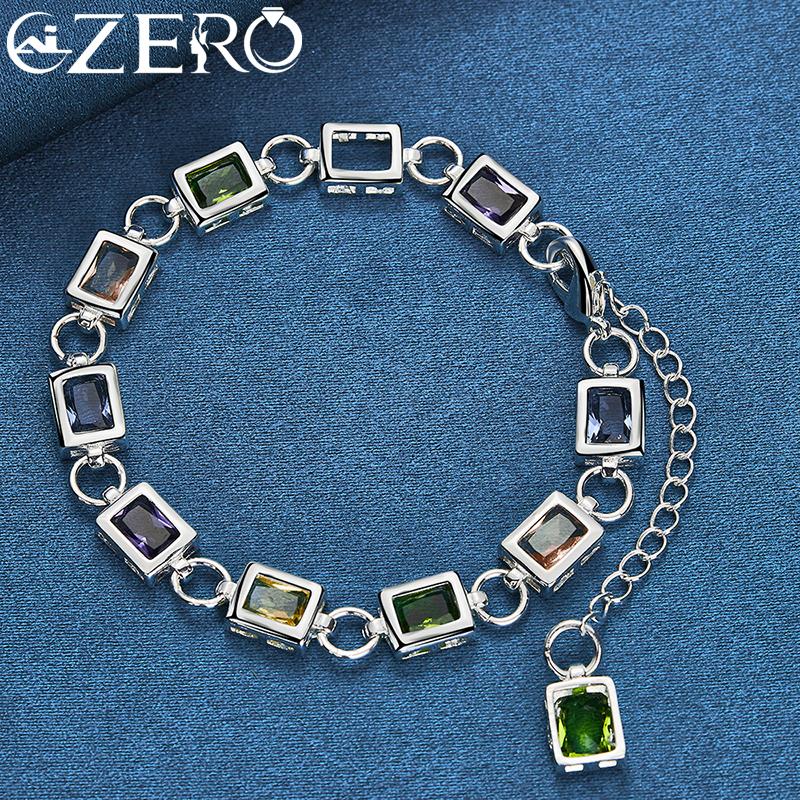 Hot Sale 925 Sterling Silver Square Multicolour Crystal Bracelet Chain For Women Fashion Wedding Party Charm Jewelry Gift