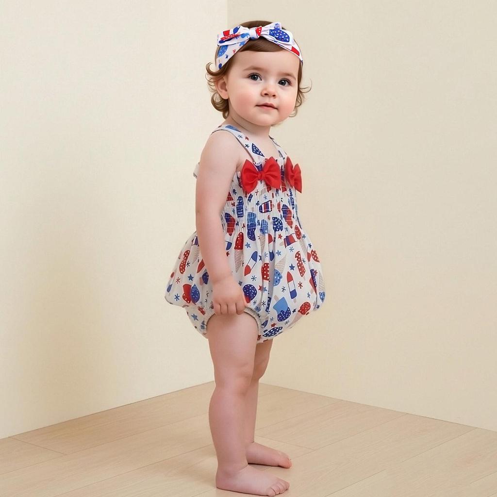 0 to 24 Months Baby Girls Smocked Spaghetti Strap Bodysuit Ice Cream Flag Print Summer Triangle Romper Newborn Infant Crawling Outfit