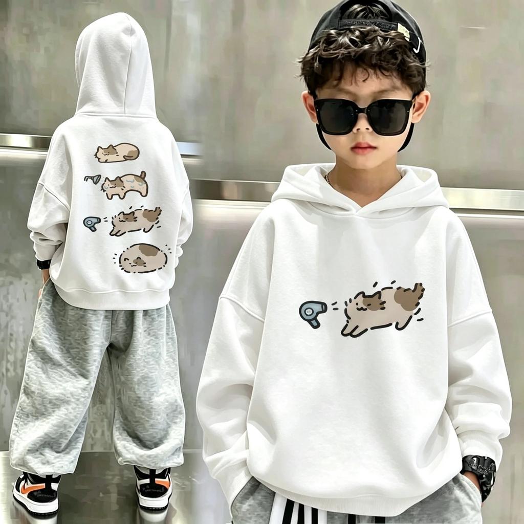 The Latest Y2K Cute Cartoon Cat Double-sided Pattern Hooded Sweatshirt, A Loose and Casual Children's Hooded Sports Shirt