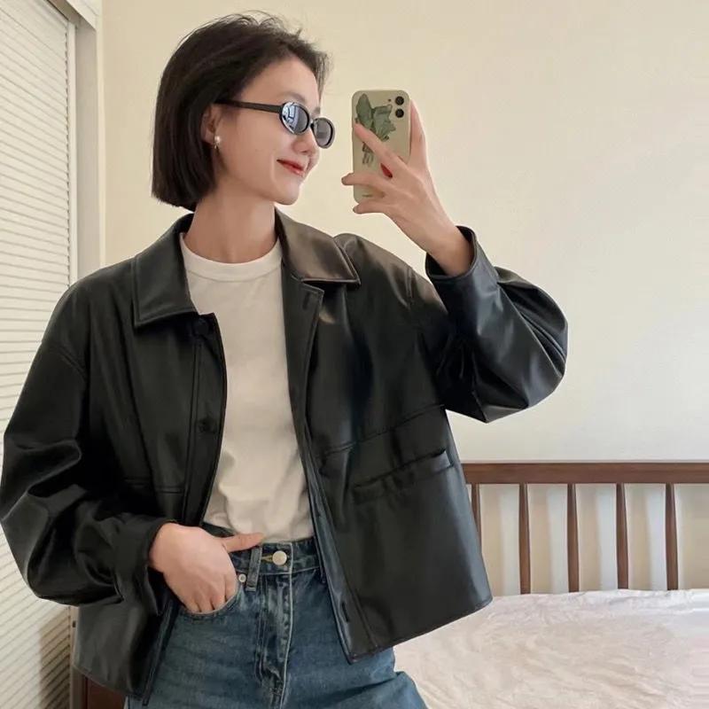 Женская весенне-осенняя винтажная куртка из тонкой искусственной кожи на лацканах, однобортная
