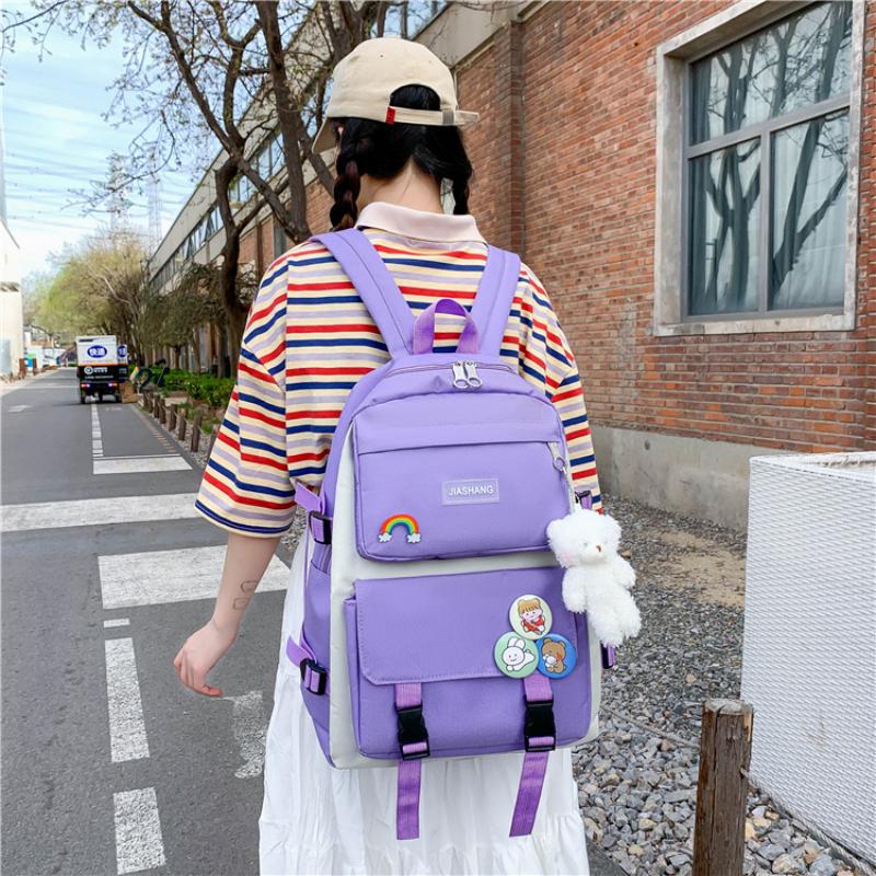 4pcs Primary School Backpack Secondary School Backpack Men's Women's 4-piece Set Solid Color Large Capacity Waterproof Casual Fashionable Backpack