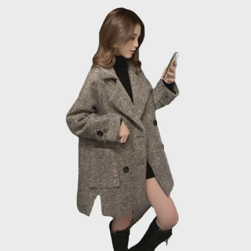 Женское двубортное стеганое шерстяное пальто в британском стиле