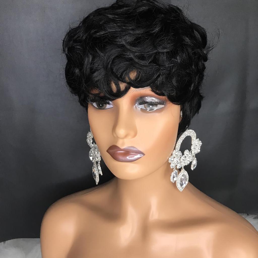 Short Pixie Wigs For Black Women Short Black Curly Pixie Wigs Synthetic Hair Wigs For Black Women Natural Wavy Black Pixie Cut W