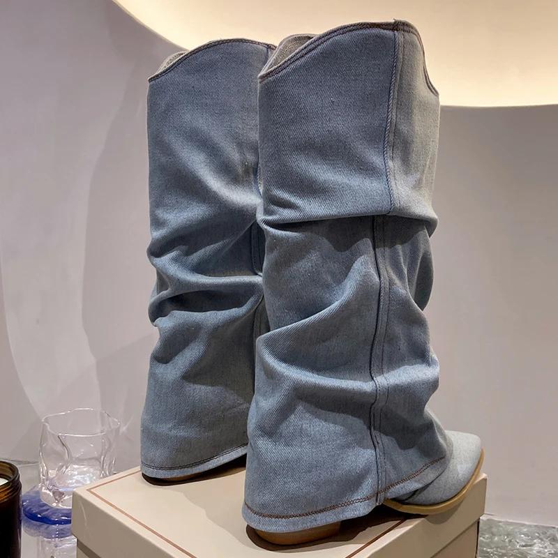 Ковбойские женские высокие сапоги на среднем каблуке, высокие сапоги челси до колена, остроносые массивные модные туфли, зимнее трендовое платье 2024 года, женские сапоги