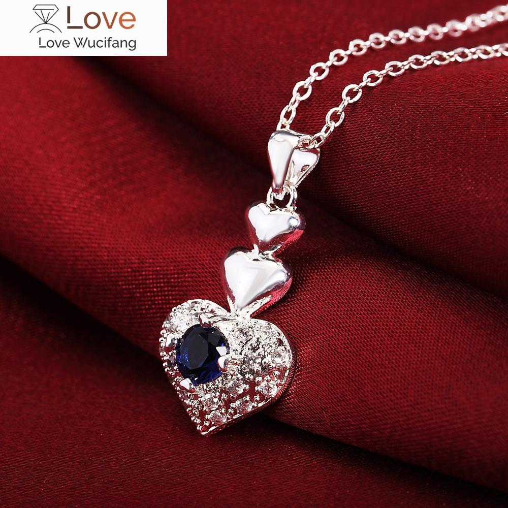 925 Stamped Silver Noble Blue Crystal Heart Pendant Necklace For Women Fashion Wedding Accessories Party Jewelry Gift