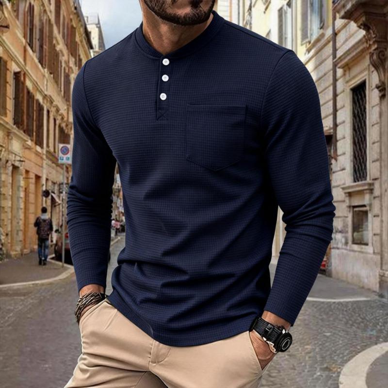 Мужская вафельная футболка-henley с длинным рукавом и карманом