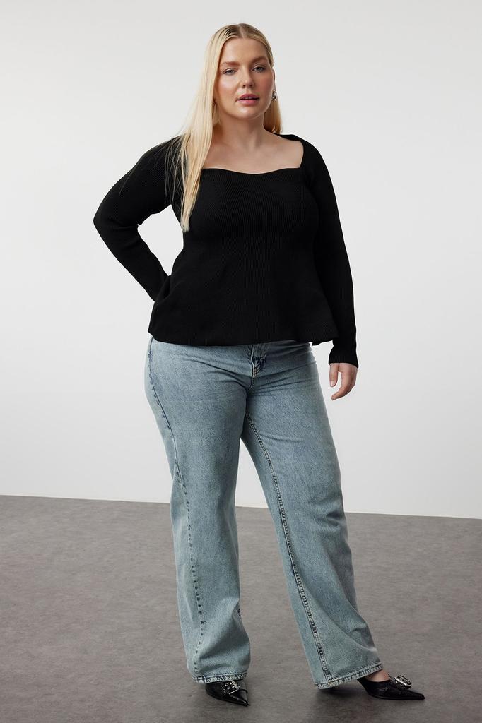 Женский модный стильный свитер больших размеров, черный вязаный свитер с воротником в форме сердца