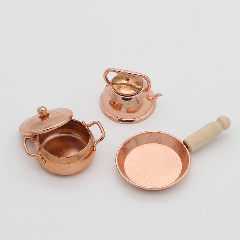 1:12 Dollhouse Miniature Bronze Frying Pan Pot Kettle Cooking Kit