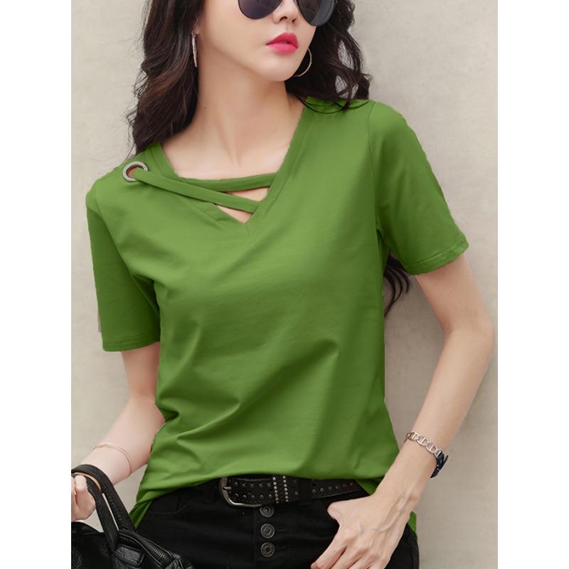 Женская повседневная модная летняя белая футболка с V-образным вырезом