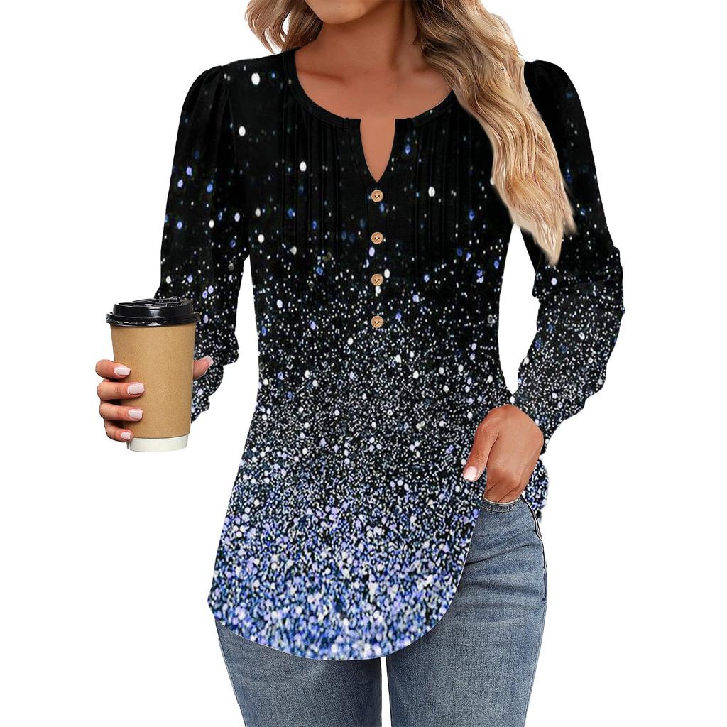 Женская модная повседневная плиссированная футболка с круглым вырезом и декоративными пуговицами, с длинным рукавом