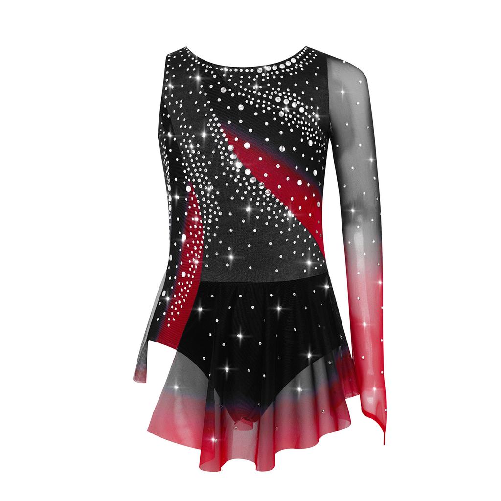 Girls Lyrical Dance Dress Round Neck Asymmetrical Split Shiny Rhinestones Contrast Color Figure Skating Gymnastics Gown