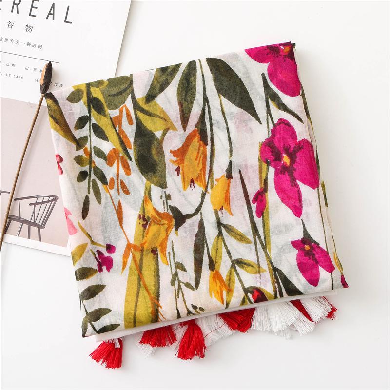 Роскошный женский вискозный шарф с цветочным принтом, дизайнерская шаль на четыре сезона, ощущение хлопка и льна, кисточки, пашмина, мусульманский хиджаб-обертывание