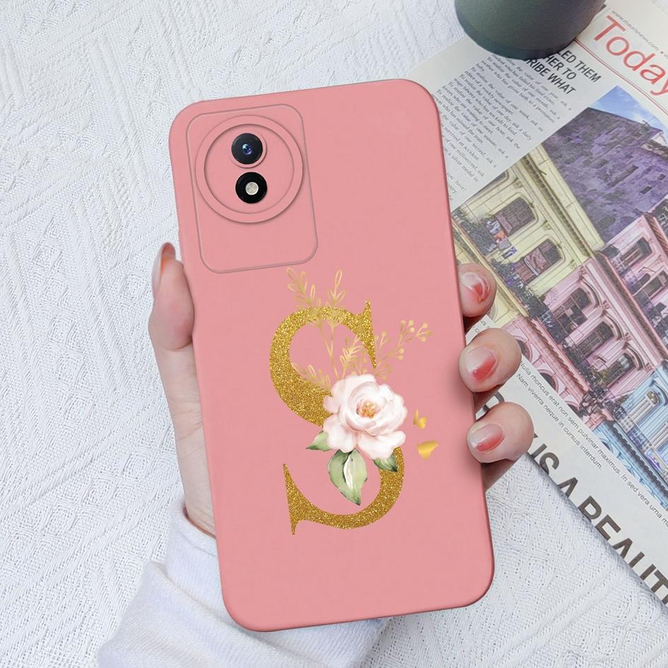 Чехол для телефона Vivo Y02S Y11 Y12 Y15 Y16 Y17 Y19 Y20 Y21 Y30 4G 5G Роскошный защитный жидкий мягкий силиконовый чехол с цветочными буквами для Vivo Bumper Coque