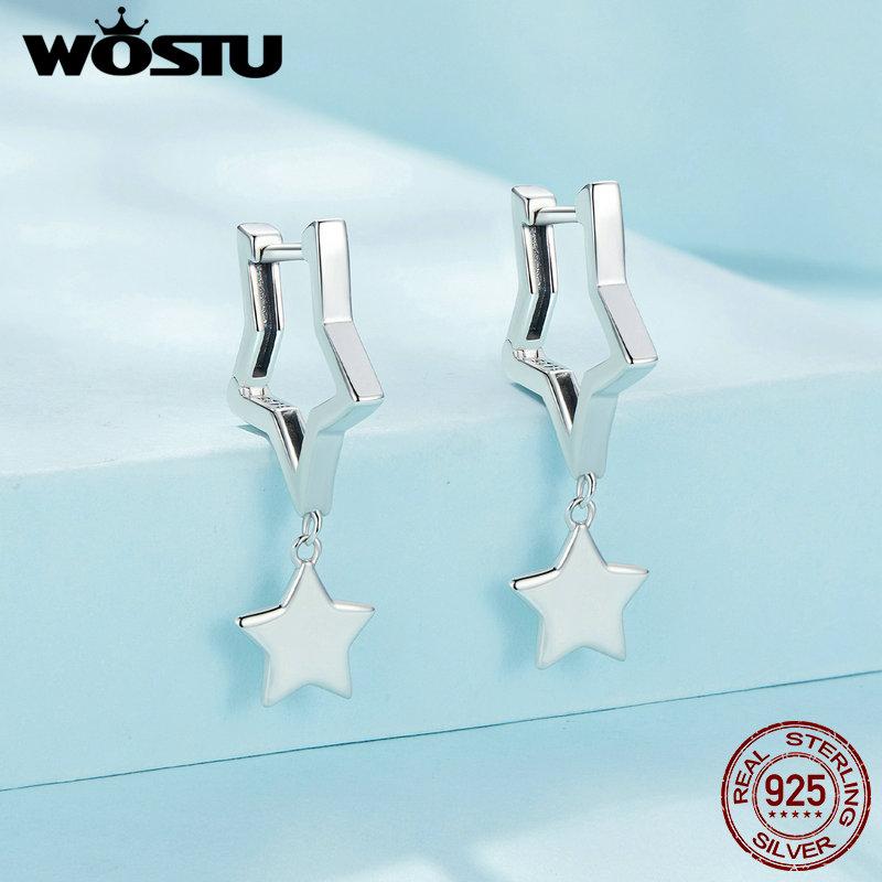 WOSTU 925 Sterling Silver Double Star Dangle Hoop Earrings For Women Punk Geometric Star Pendant Earrings Minimalist Jewelry