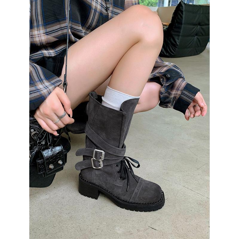 Версия из коровьей кожи~ Ретро рыцарские ботинки женские на толстой подошве и толстом каблуке ботинки Мартин с пряжкой-ремнем средней высоты голенища ковбойские ботинки в западном стиле ботинки-локомотивы