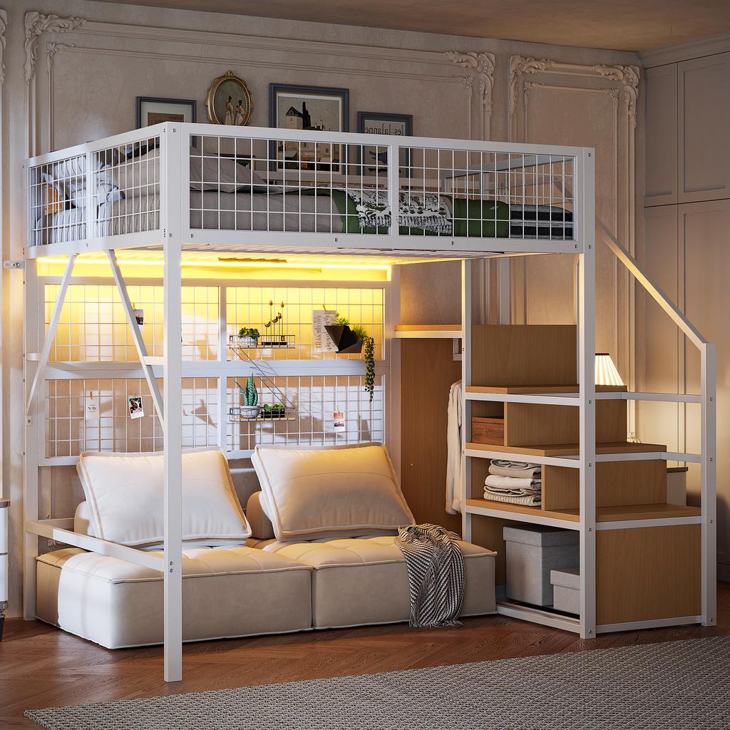 Iron loft bed 140*200, suitable for children and teenagers, versatile, with app-controlled LED light strips, stairs with storage, open wardrobe, white