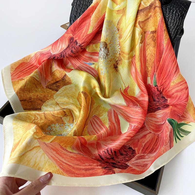 71 packs of headscarves, square scarves, sunflower flower printing square scarves, retro ethnic silk scarves, simulated silk, satin chiffon square