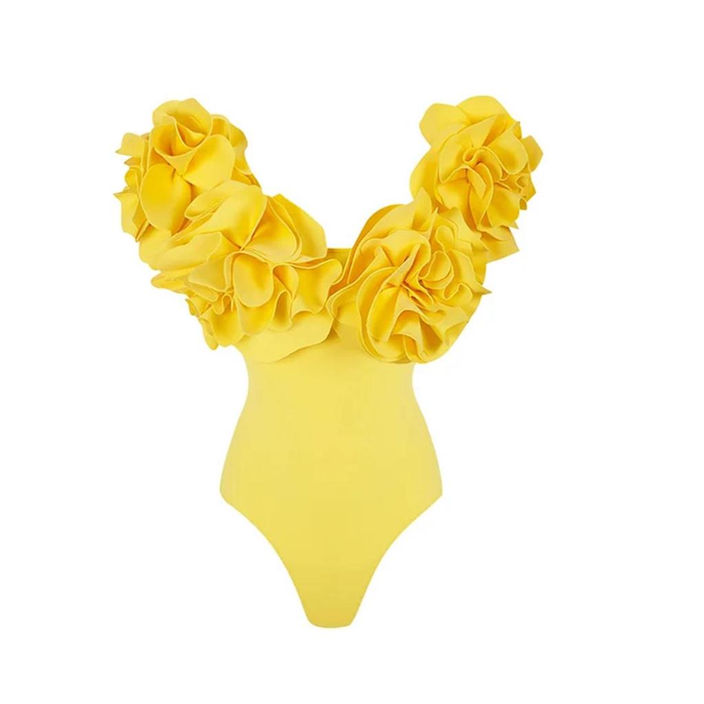 2024 New Vintage 3D Flower Decor Yellow One Piece Swimsuit Swimwear Women Beachwear Luxury Bathing Suit