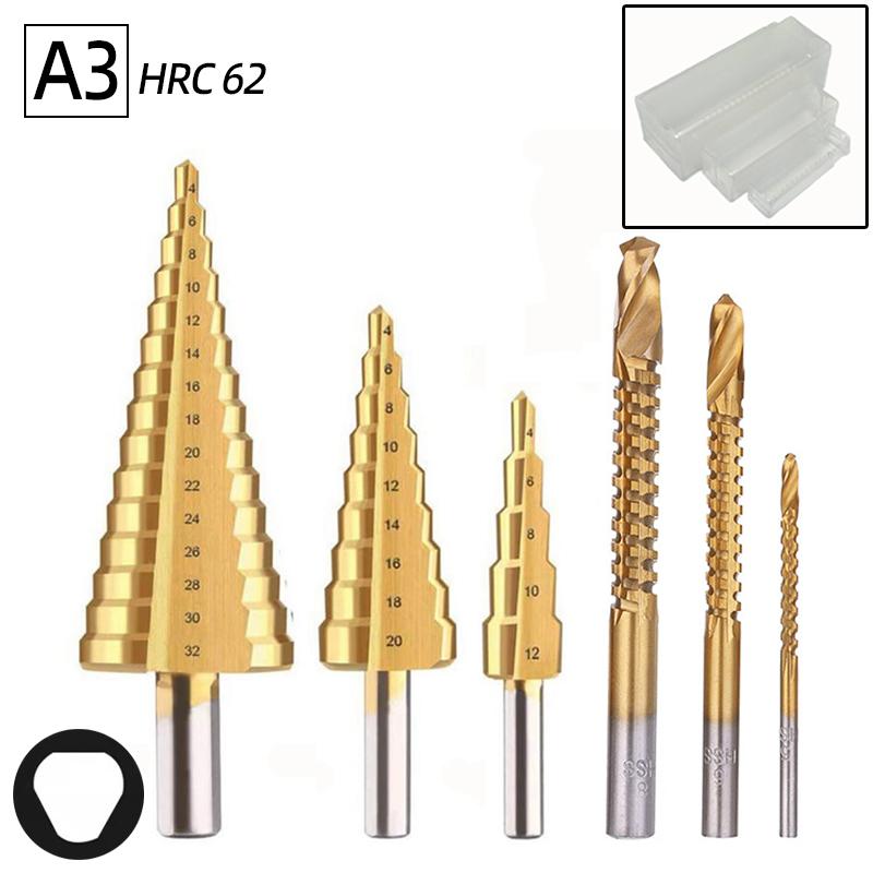 6Pcs HSS Steel Titanium Step Drill Bit Set 4-12/20/32mm Metal Hole Cutter Wood Cone Core Drilling Hole Saw Tool+3,6,8 Saw Drill