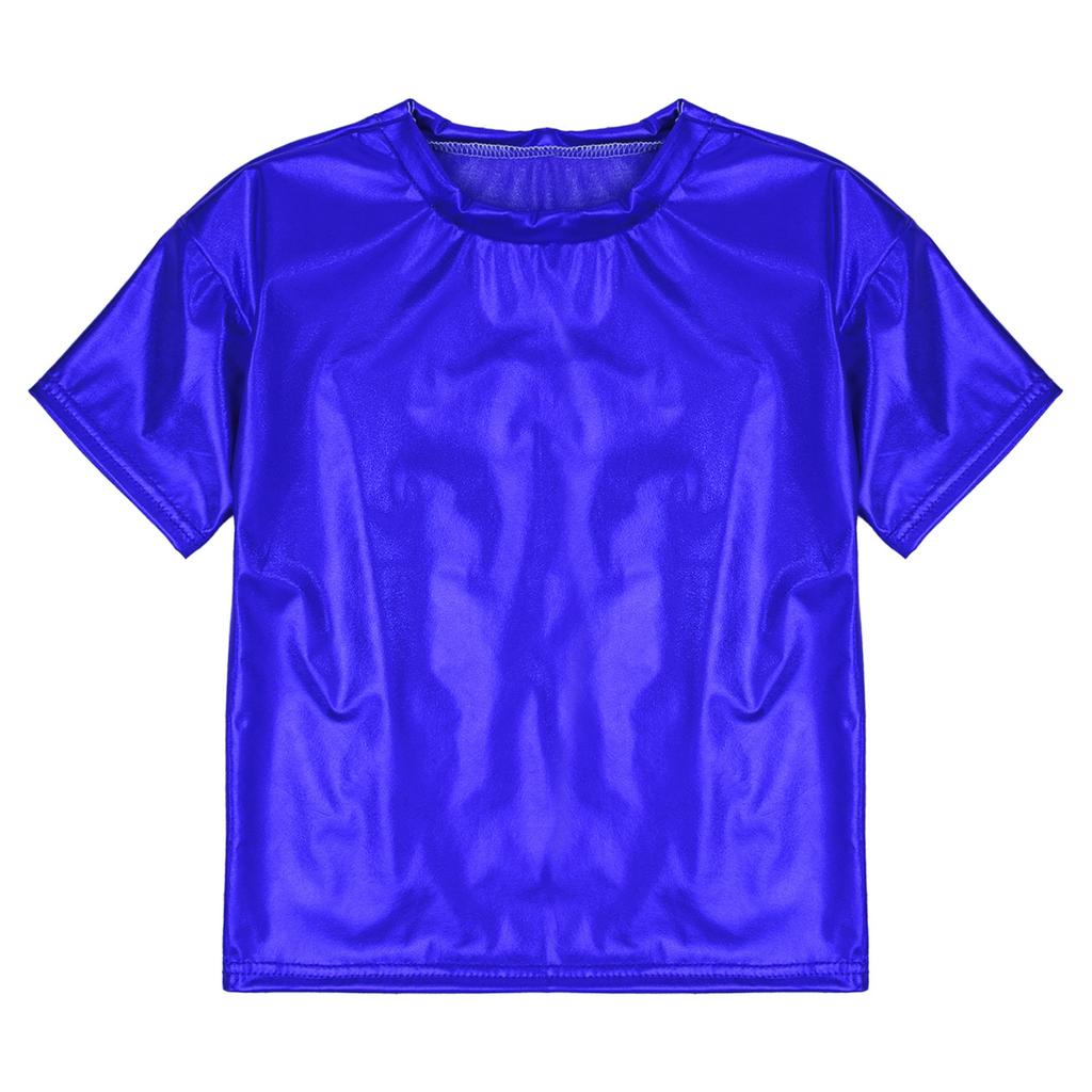 Детские блестящие футболки металлизированного цвета с короткими рукавами для мальчиков и девочек, топы для танцев, вечерние блестящие наряды