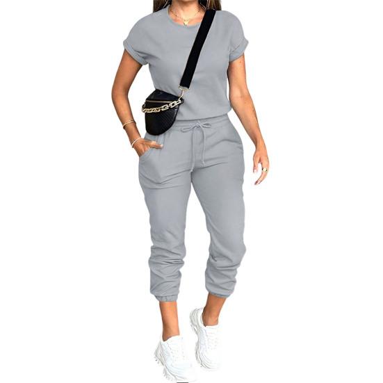 Женский спортивный костюм с коротким рукавом Yousheng, повседневный топ с круглым вырезом и джоггеры на шнурке с карманами, женский спортивный комплект из двух частей