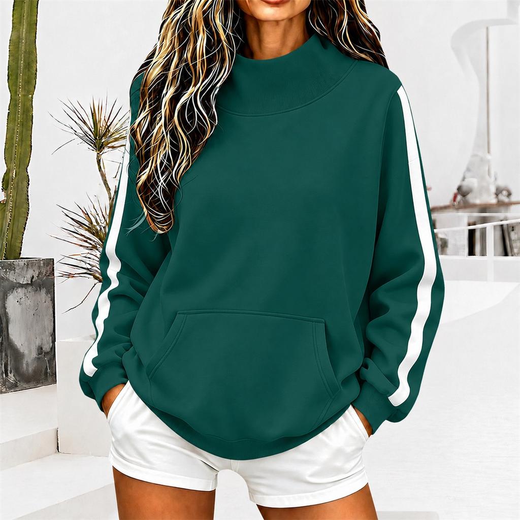 Women Mock Neck Sweatshirt, Side Stripe Long Sleeve Loose Pullover Top With Kangaroo Pocket