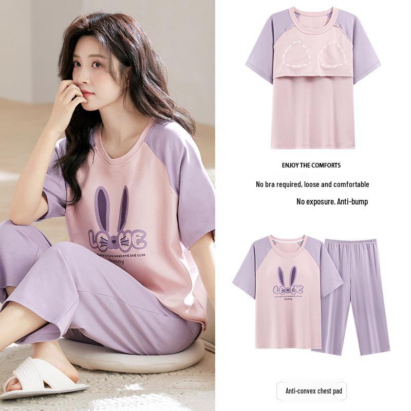 Женский летний капри-пижамный комплект 2025: Тонкий хлопок с коротким рукавом и нагрудными вкладышами, универсальный для ношения дома или на улице