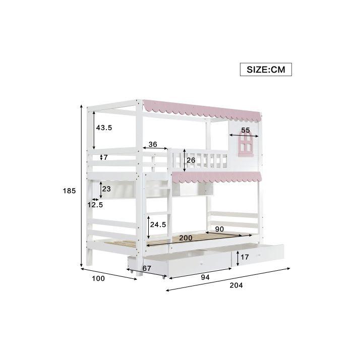 Lit superposé, lit d'enfant avec fenêtre et rideaux avec barrière de sécurité, étagères ouvertes, rampe d'accès stable