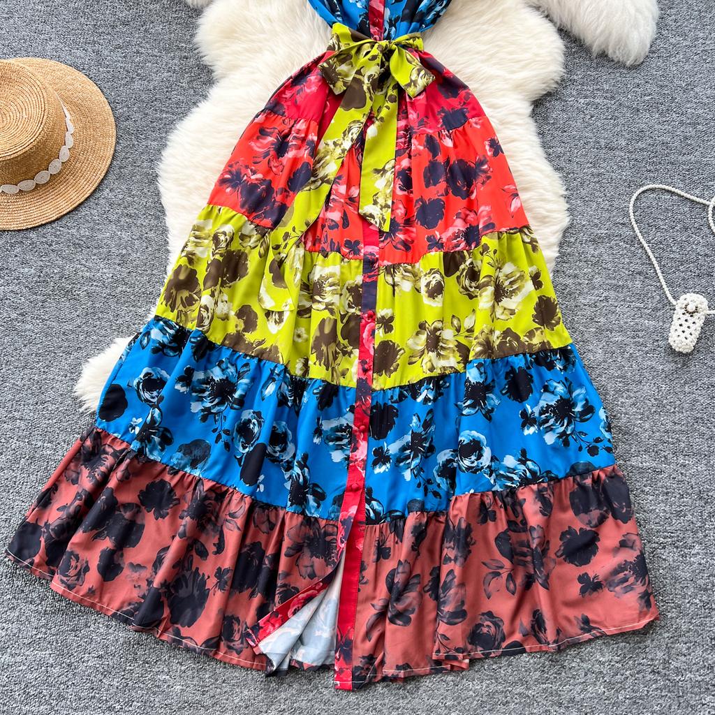 Summer Women Vintage Print Chiffon Turn-down Collar Shirt Single Breasted Holiday Beach Long Maxi Dresses