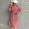 Floral Printed Women Dress Long Sleeve Half High Neck Lace Up Slim High Waist Elegant Fashion