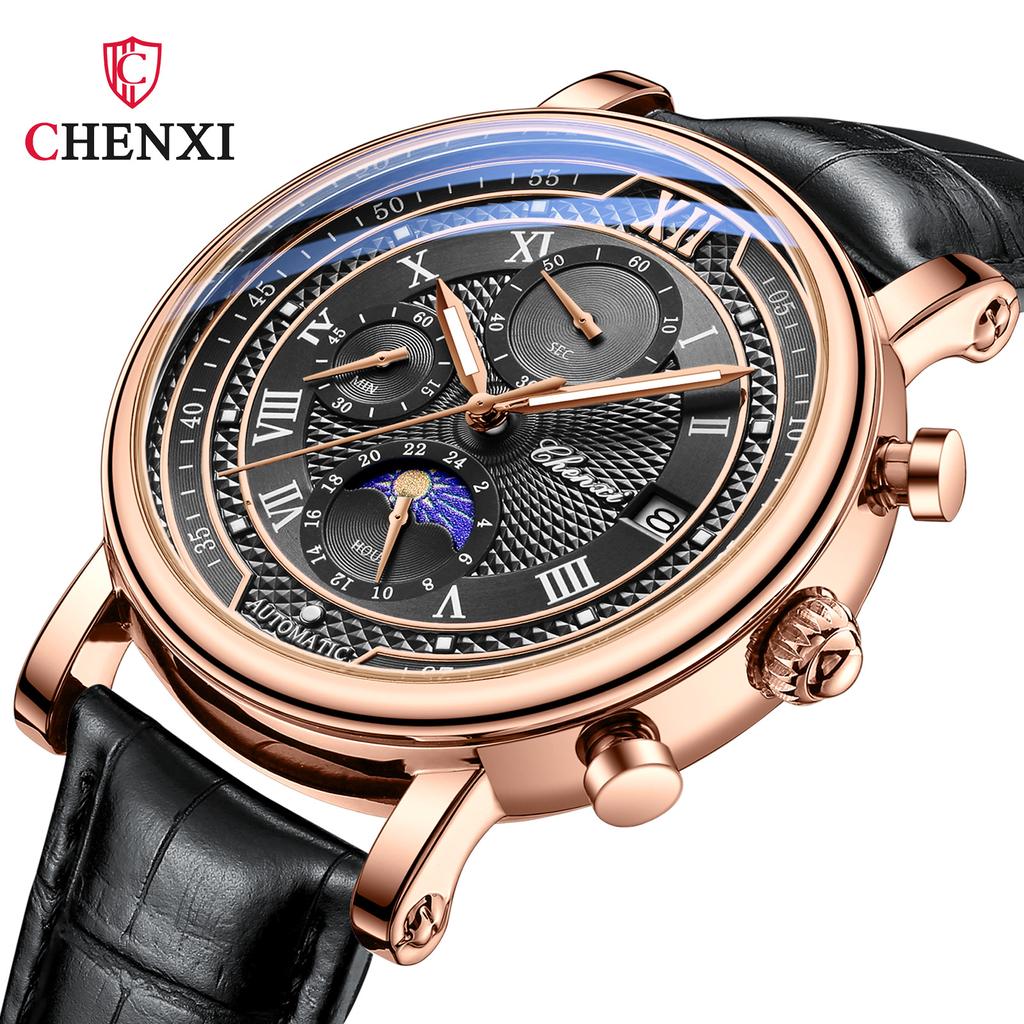 Chenxi Men's Watch Leather Chronograph Date Quartz Watches Phase Moon Timing Business Luminous Wrist Watch