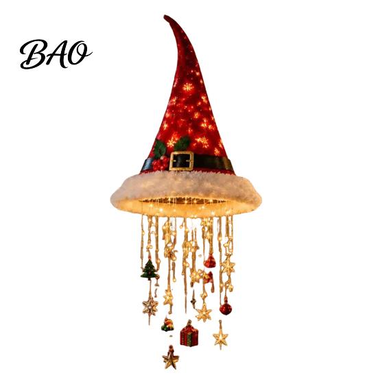 Indoor Christmas Craft Supplies Light?Up Santa Hat Hanging Chandelier DIY Kit, Warm LED String Lights Decorative Ornament Pendant with Star Tassel,