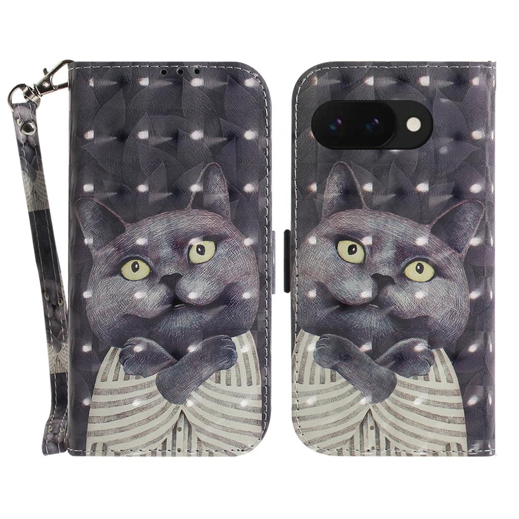 For Google Pixel 9a Case Pattern Printing Leather Wallet Phone Cover with Wrist Strap