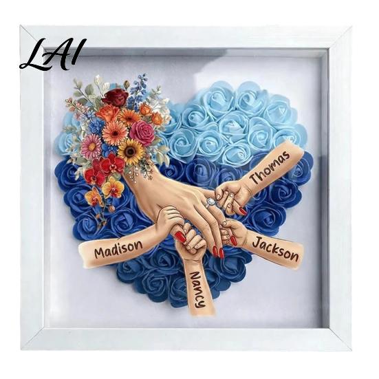 Gift for Mom from Kids Personalized Mommy Holding Hands Shadow Box with Ring And Manicure Custom Floral Heart Names Picture Frame Mother's Day Gifts