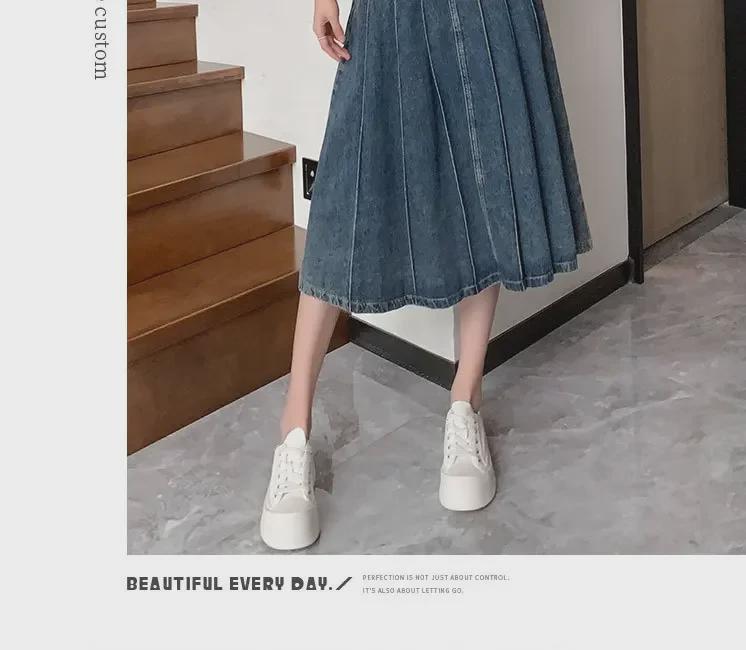 2023 Весна/Осень Ретро Плиссированная Женская Джинсовая Юбка А-силуэта С Завышенной Талией и Молнией