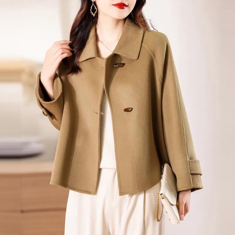 Женское свободное короткое двухстороннее шерстяное пальто на осень и зиму, простое пальто из коровьего рога с пуговицами