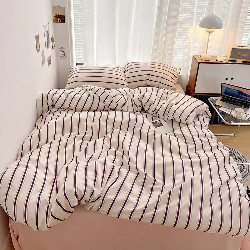 Nordic Ins Style Striped Bedding Sets Soft Skin-Friendly Sanding Comforter Sets for Home Four Seasons Cozy Bedclothes for Double