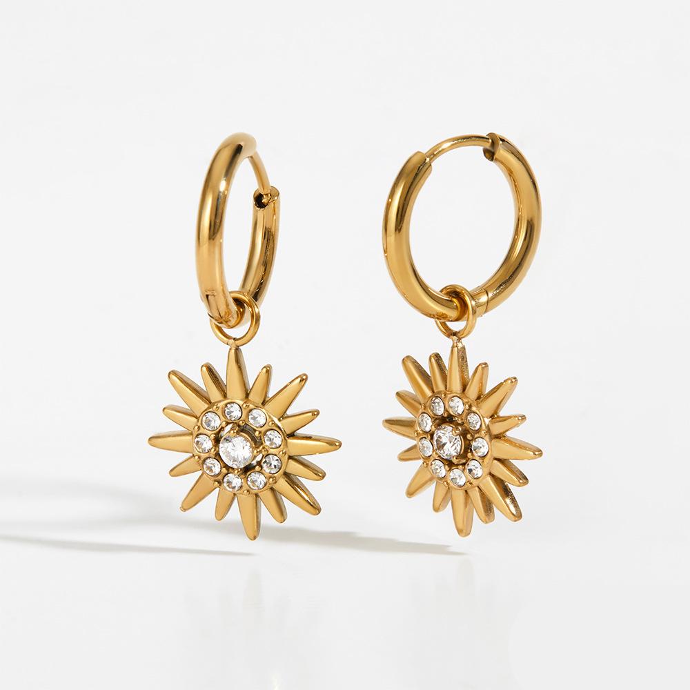 Gold Plated CZ Zircon Sun Pendant Drop Earrings for Women Stainless Steel Fashionable Waterproof Hoop Jewelry Gift Anti Allergic