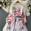 French Chic Dress for Women V-neck Plant Printed Lantern Sleeve Pleated Long Dresses Autumn Dress Female A-line