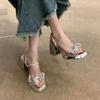 Temperament High Heel with Sandals Female Rhinestone Bow Fairy Wind Summer Two Wear Waterproof Desk Thick Heel Cool Slippers