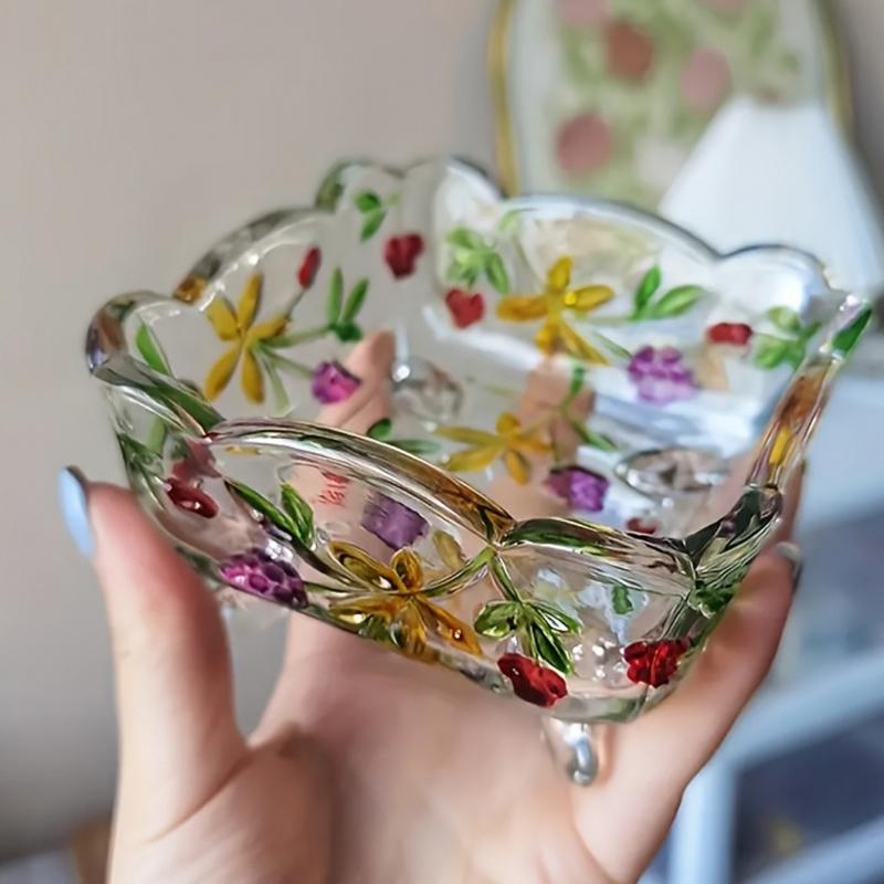 Расписанная вручную цветная стеклянная банка - Резьба по винограду, Квадратная ретро банка для конфет, Пепельница, Рельефная банка для хранения, Шкатулка для драгоценностей и Декоративная чаша