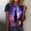 Футболка с принтом 3D Night Cat для женщин, красочные футболки с рисунком звездного неба, летние повседневные футболки с короткими рукавами и круглым вырезом