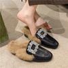 Fashion Aphixta Crystal Buckle Dec Warm Winter Real Rabbit Fur Plush Women Slippers Furry Mules Shoes Square Toe Square Heel Hair Slides
