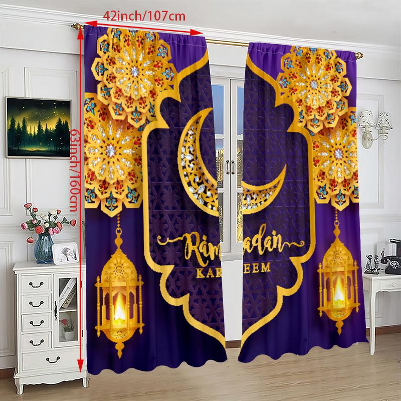 Ramadan Auspicious Lantern Moon Prayer Printed Curtain Polyester Material Suitable Bedroom Living Room Curtains Set Of 2 Made Decor