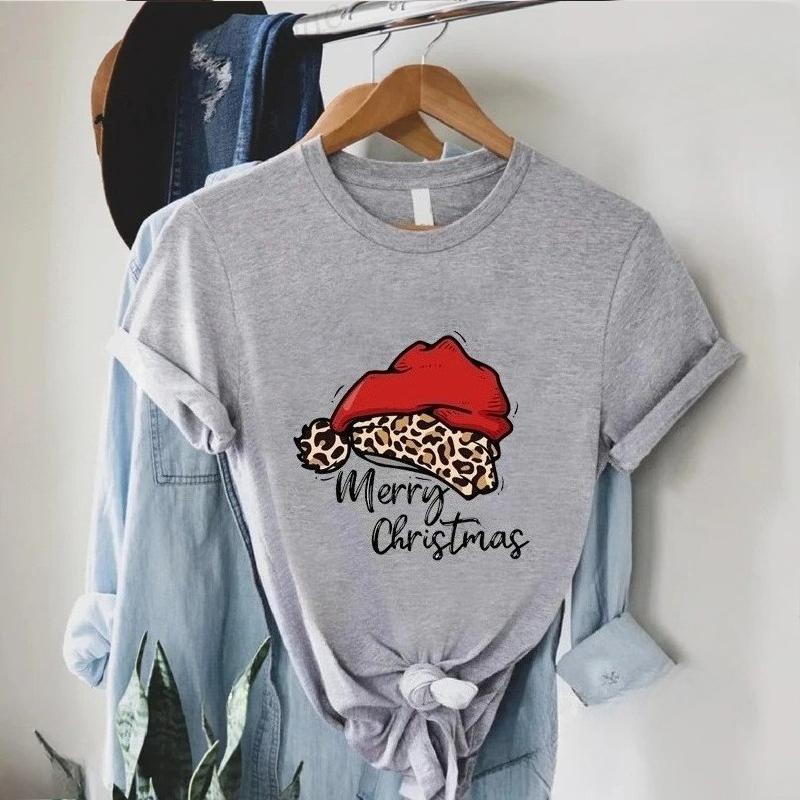 Womens short sleeved Tshirt summer leopard print Christmas hat Merry Christmas print fashionable and trendy Womens Tshirt