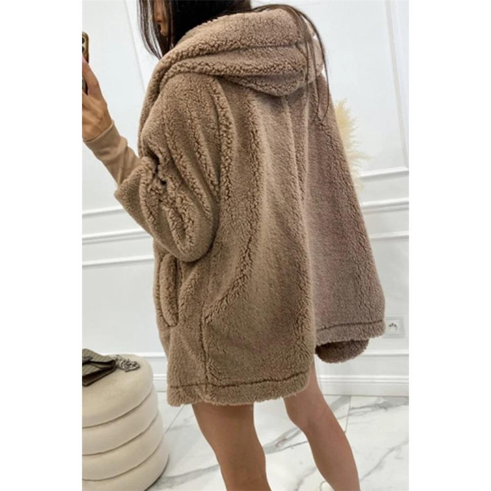 Women's Solid Color Long-sleeved Loose Plush Hooded Jacket
