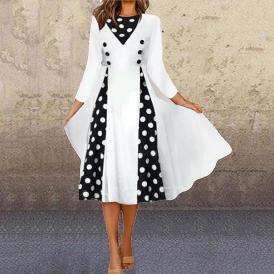 Платье миди с квадратным вырезом и половиной рукавом, высокой талией и принтом в горошек, женское платье с большим подолом, рабочая одежда