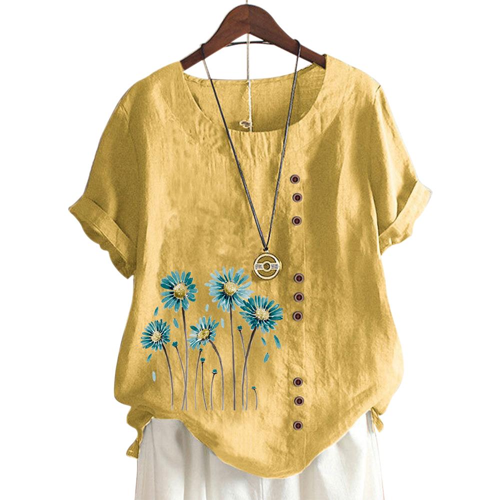 Trendy Ladies' Short Sleeve Top with 11 Colorful Floral Patterns and Round Neck